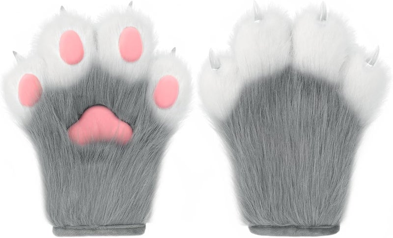 hbbhml Faux Fur Plush Furry Cat Claw Gloves Fursuit Animal Fox Paws Mittens Halloween Cosplay Costume Accessories for Adult - Image 1